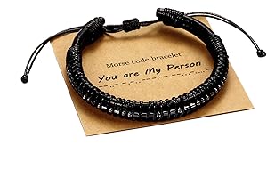 Vrsilver Christmas Gifts for Men Teen Boys - Morse Code Bracelets for Men, Gunmetal Beads on Black Leather Bracelets for Mens Gifts Inspirational Gifts for Him Friend Boyfriend Husband Dad Son Brother