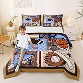 Kids Football Bedding Set Twin Size,Sports Comforter Sets for Boys Teens Bedroom Decor,Baseball Basketball Bed in a Bag Ball Sport Brown Grid Patchwork Quilted Duvet Child Bed Set with 1 Pillowcase | Breathable Soft