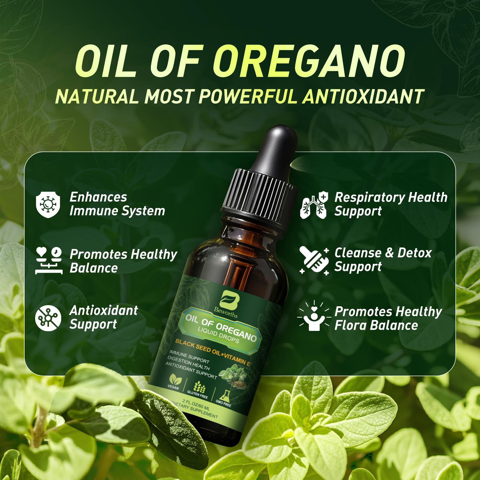 B BEWOTHS Oregano Oil Drops, Oil of Oregano with Black Seed Oil, Vitamin E, 80% Carvacrol & Thymoquinone Oregano Liquid Herbal Blend for Immune, Antioxidant, Digestive Gut Cleanser Support - Vegan