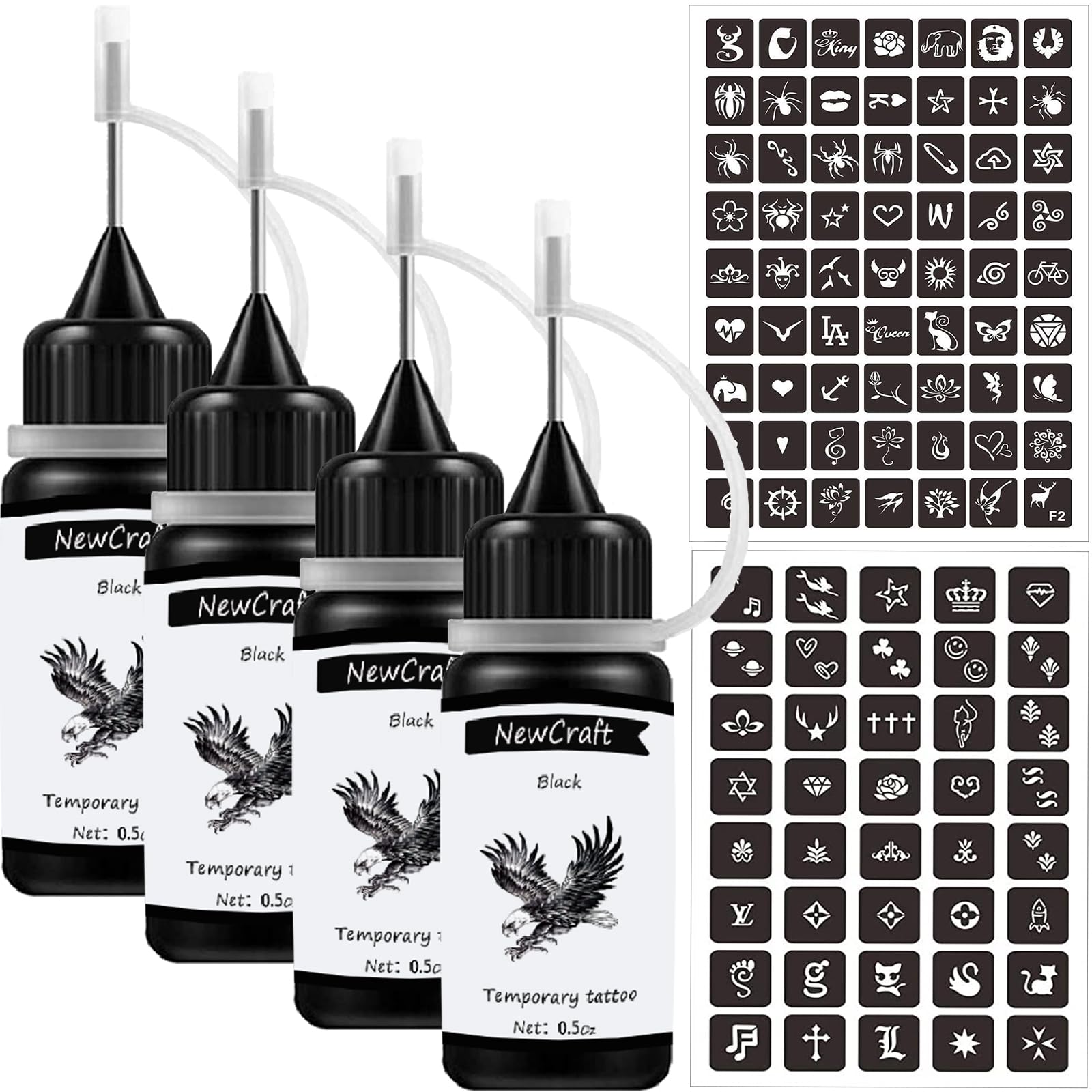 Photo 1 of NewCraft 4 Packs Black Temporary Tattoo Ink and Stencils for Women Men Kids, Trend DIY Fake Freckles 103 Pcs Stencils Temporary Tattoo Kit