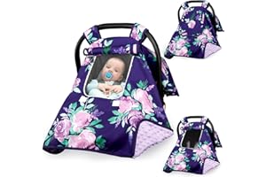 Baby Carseat Seat Cover Girls, Winter Carseat Canopy, Cozy & Warm Cover with Zipper Peep Windows, Infant Minky Carrier Cover,