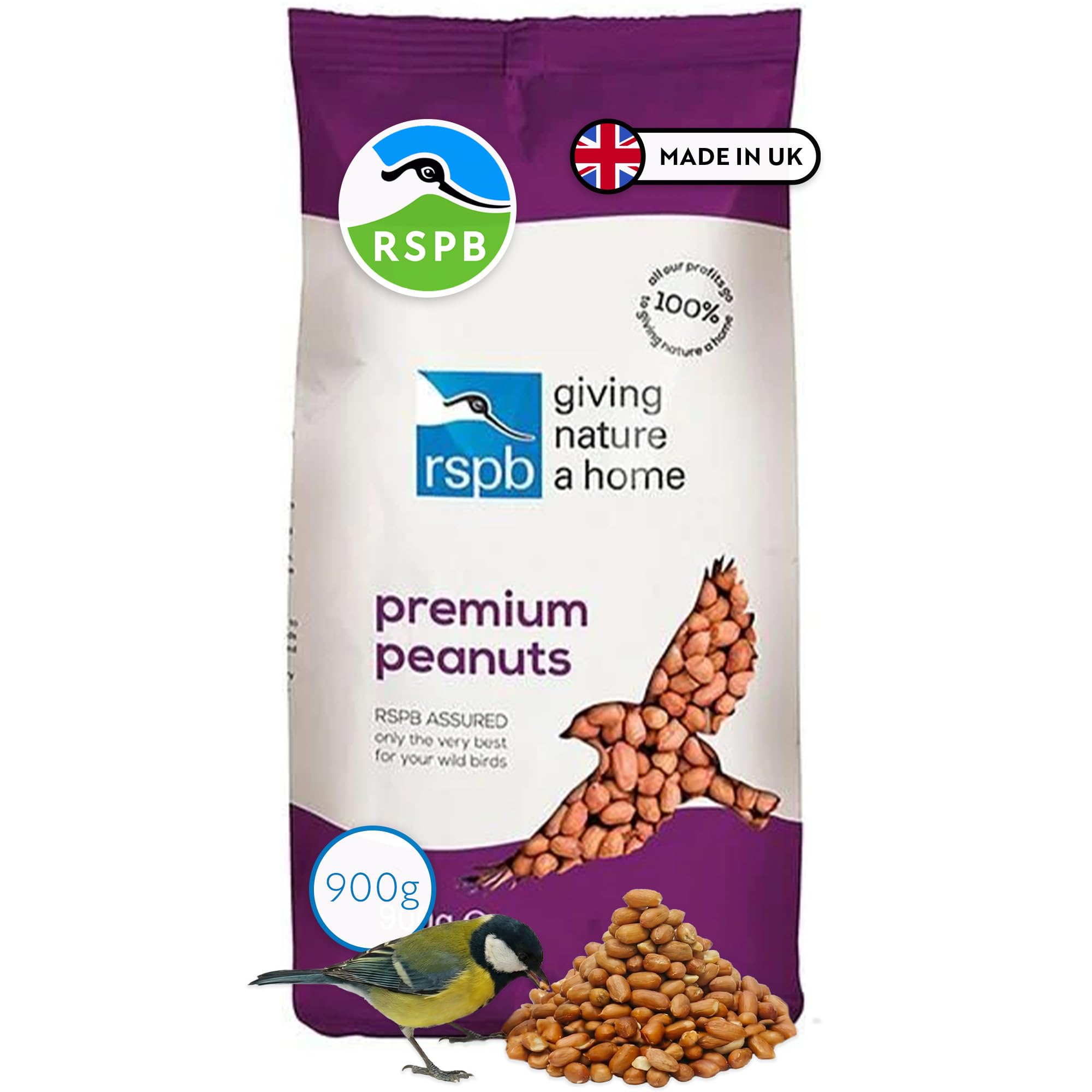 RSPB Premium Peanuts 900 grams Wild bird Food, supporting RSPB Charity, Re-sealable & recyclable pouches, for use in Garden & outdoors. Perfect for Feeders, ground feeders & bird tables
