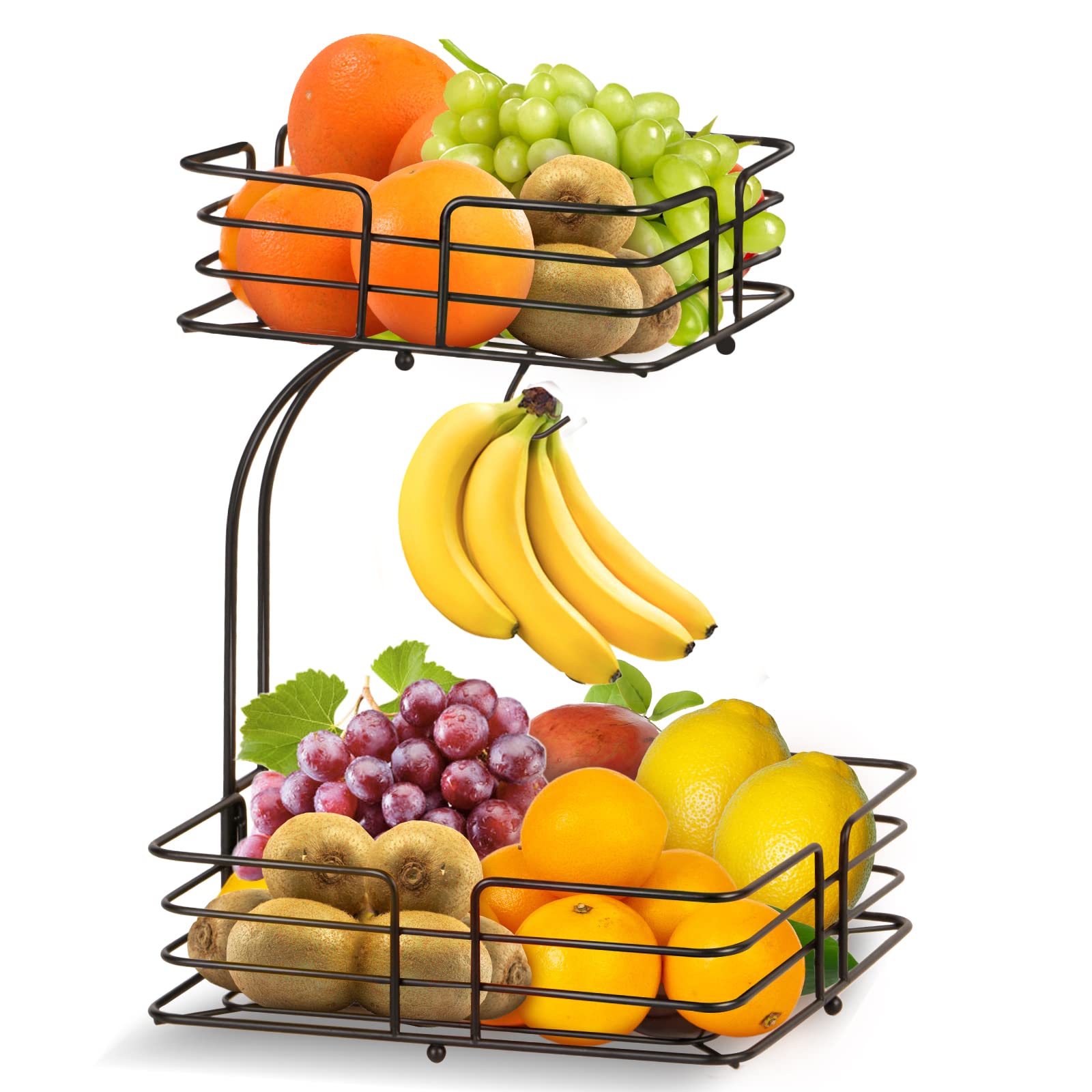 Bomclap Modern Metal Frame 2 Tier Fruit Basket with Banana Holder, 1.137 Liters, Bronze