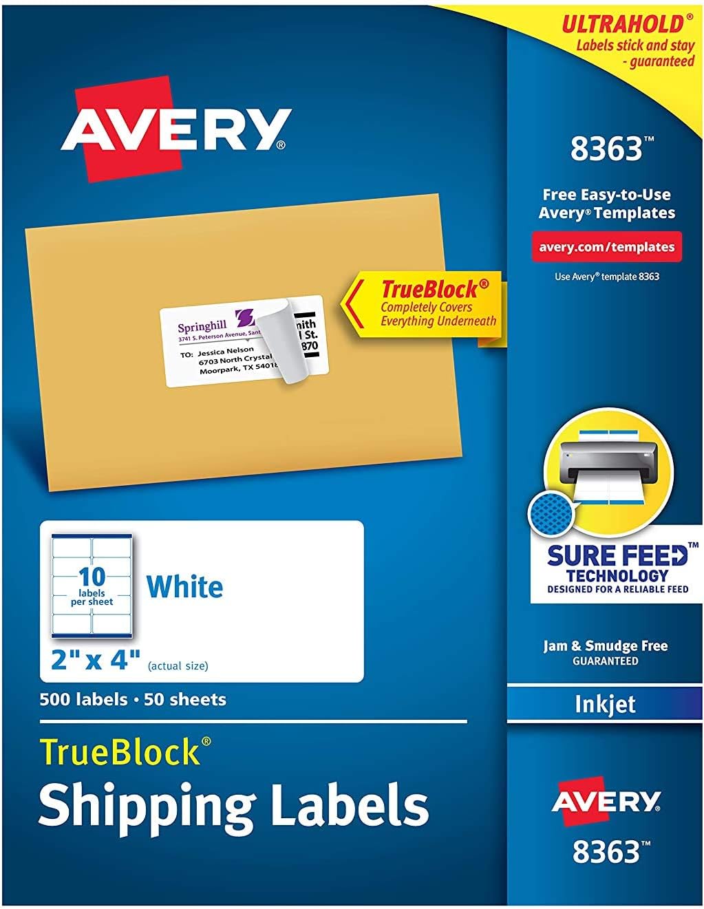 Amazon Com Avery Shipping Address Labels Inkjet Printers 500 Labels 2x4 Labels Permanent Adhesive Trueblock 8363 White Office Products