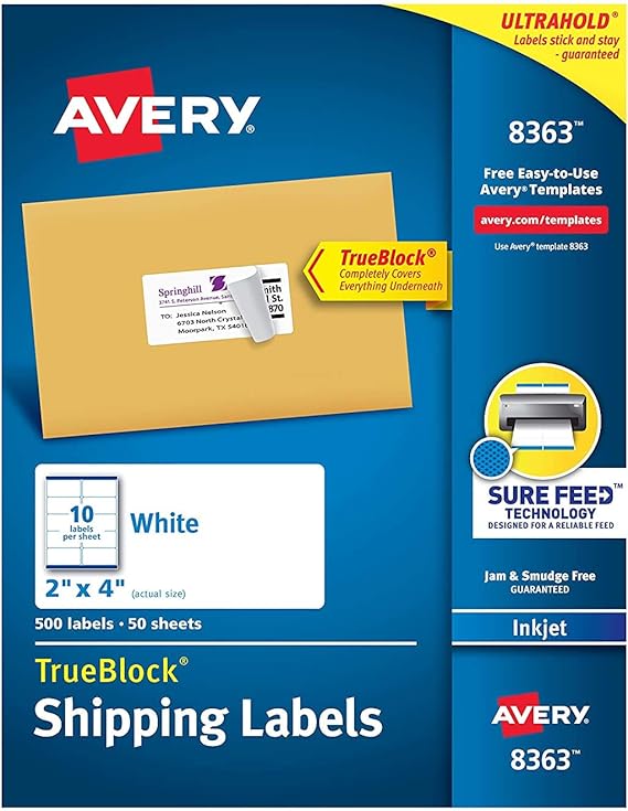 Amazon Com Avery Shipping Address Labels Inkjet Printers 500 Labels 2x4 Labels Permanent Adhesive Trueblock 8363 White Office Products