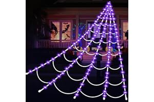 LIPIK Halloween Decorations Spider Webs with 135 LED Lights 16.4FT (Purple), Giant Light-up Spiderweb 8 Modes, Waterproof, Timer, Outdoor Yard Scary Decoration Battery Oerated Halloween Lights