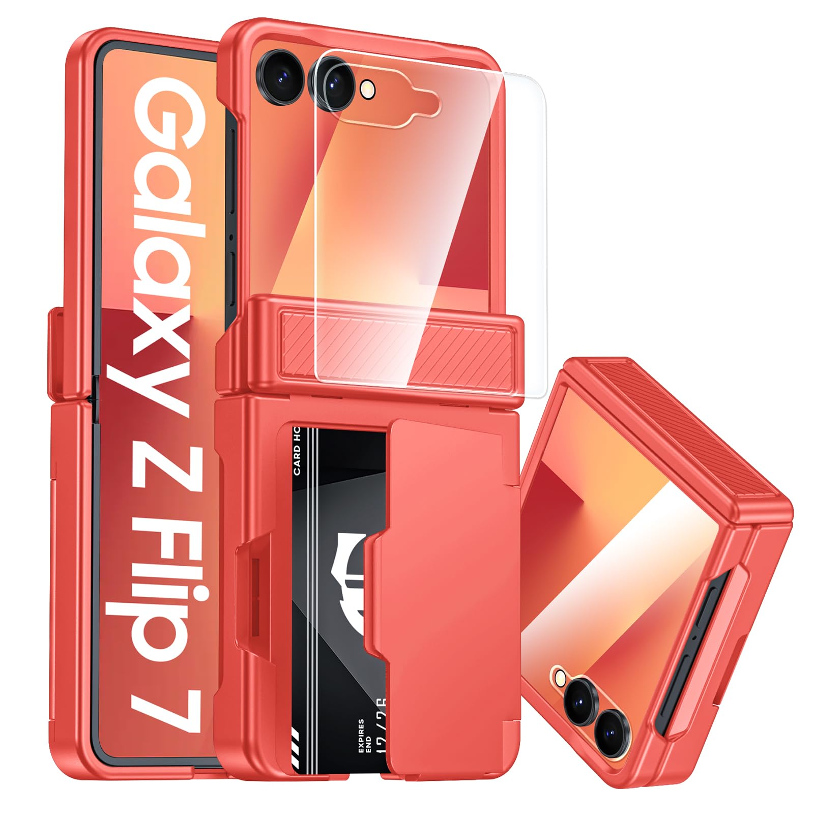 Photo 1 of CENMASO for Samsung Galaxy Z Flip 7 Case with Card Holder [RFID Blocking] & Hinge Protection & HD Screen Protector, Rugged Anti-Scratch Full-Body Shockproof Phone Case for Z Flip 7-Coral Red