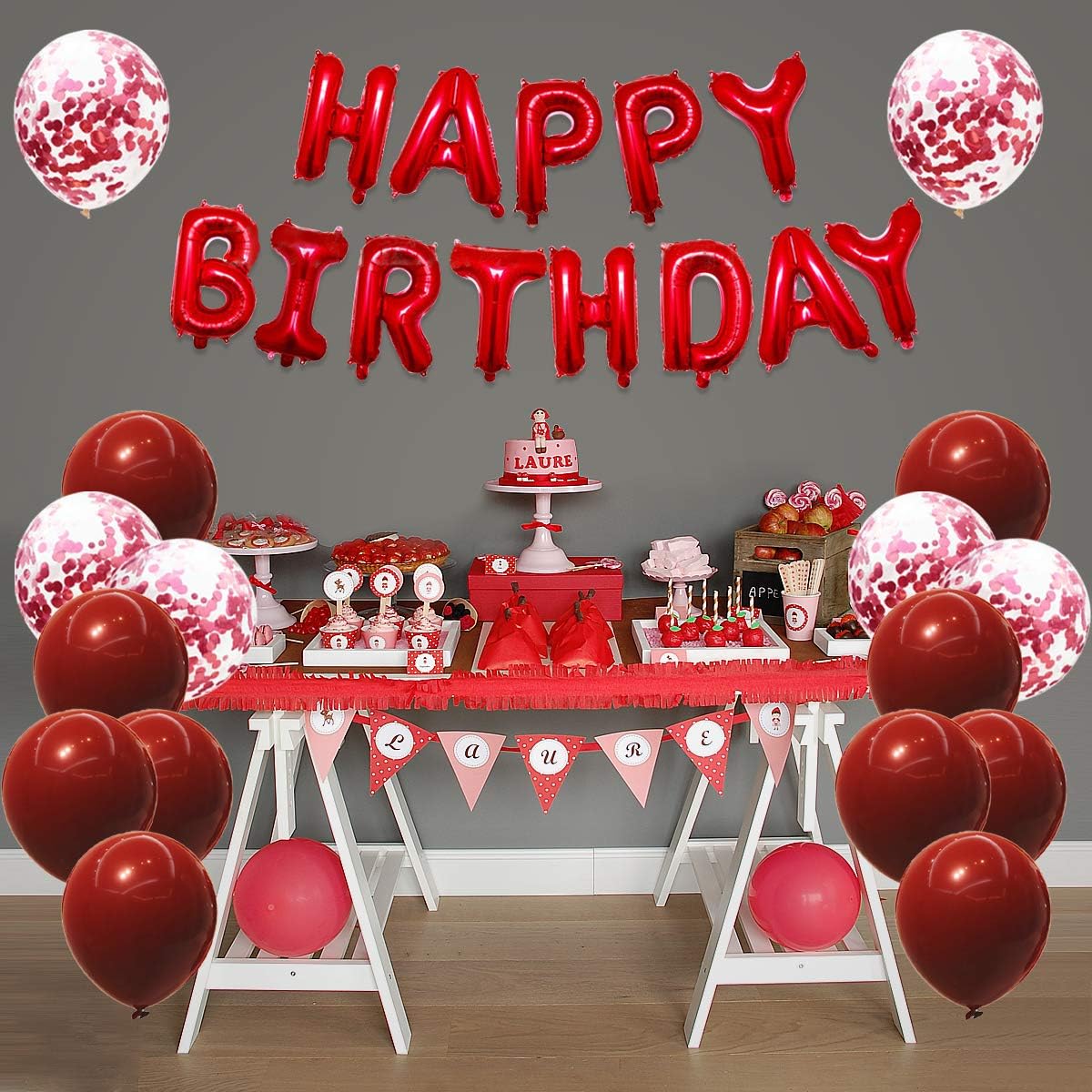 Happy Birthday Banner, Red Balloon Decoration Set, 20 Pack Including Latex and Confetti Balloons - Image 4
