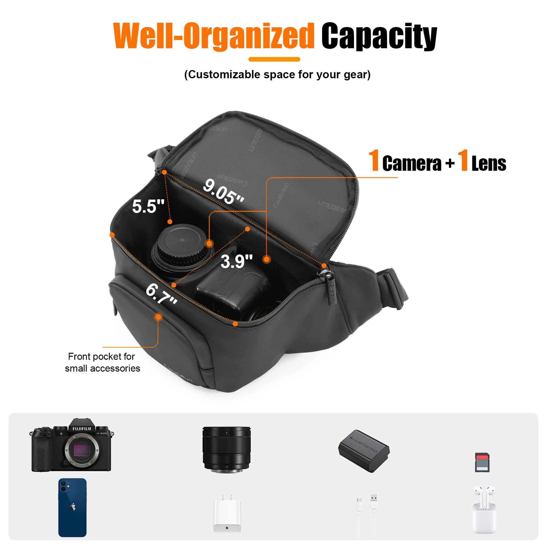 Cwatcun Waterproof Camera Waist Bag Compact Camera Case, Lightweight Portable Fanny Pack, Daily Carry Storage Case Crossbody Bag for Canon, Nikon, Sony, Fuji DSLR/SLR/Mirrorless Camera, Lens, Black