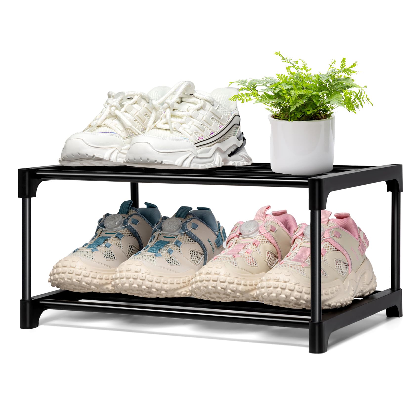 OLYREO Shoe Rack Small 2 Tier, Black Shoe Racks Storage, Easy Assembly Space Saving Shoe Shelf Durable Shoe Rack for Small Space Closet Entryway Hallway