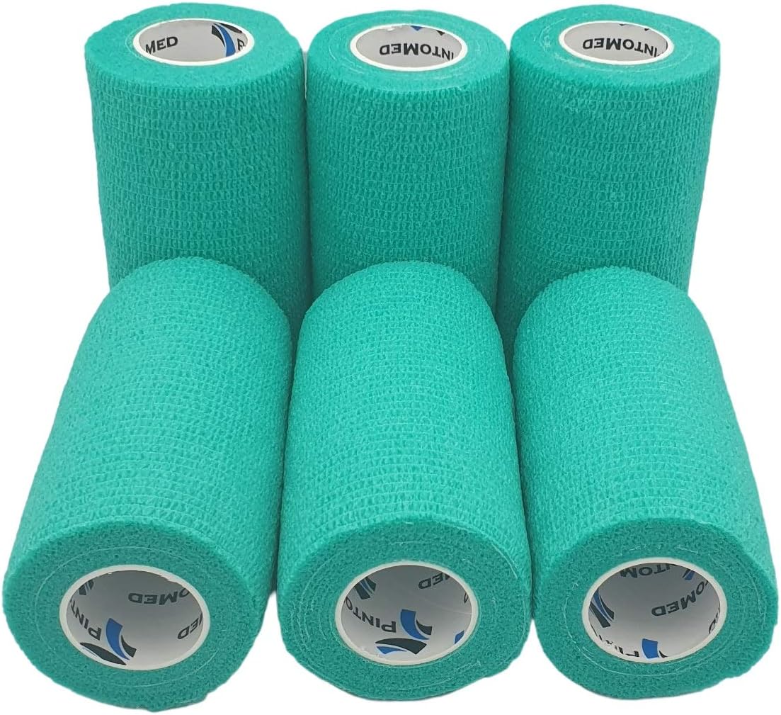 PintoMed, 6 x Green x 10cm x 4.5m Cohesive Bandage Stretched, Self-Adhesive Flexible Bandages