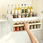 REALINN Pull Down Shelf for Upper Cabinets, 3 Tier Spice Rack, White | Gas-Assisted Lift, Stepped Trays for Jars &amp; Bottles, Steel Frame, Smooth Lowering Motion, Space-Saving Upper Cabinet Fit