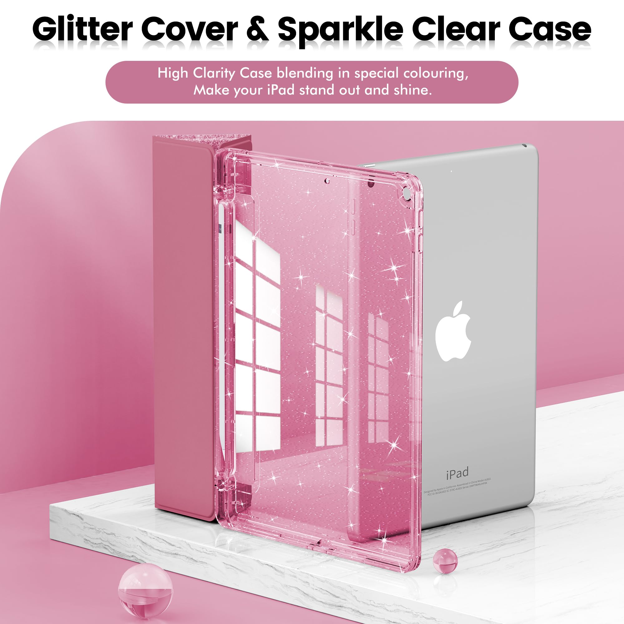 INFILAND for iPad 9th/8th/7th Generation Case 2021/2020/2019 10.2 inch, Glitter Slim Protective Cover with Clear Back, Pencil Holder for Kids Girls for iPad 7/8/9 Gen, Pink