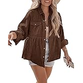 Ashuai Womens Corduroy Peplum Shacket Jacket Long Sleeve Button Down Babydoll Shirts Oversized Casual Blouses Tops