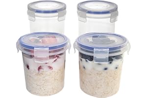 BUBBLEWALLY Overnight Oats Container with Lids (4-Piece set) - 16 oz Plastic Containers with Lids - Oatmeal Container to go | Portable Cereal and Milk Container on the go | Airtight Snap Lock Storage Jars
