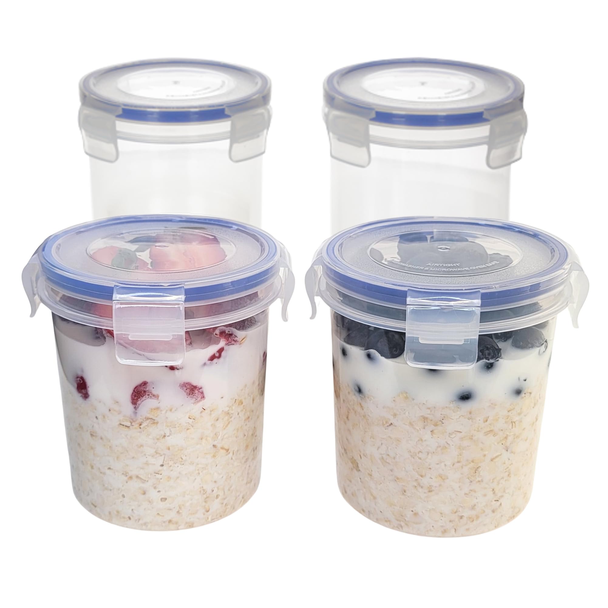 Overnight Oats Container with Lids (4-Piece set) - 16 oz Plastic Containers with Lids - Oatmeal Container to go | Portable Cereal and Milk Container on the go | Airtight Snap Lock Storage Jars