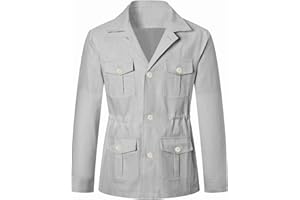 Betusline Men's Safari Linen Jacket Casual Long Sleeve Military Lightweight Cargo Jacket with Pockets