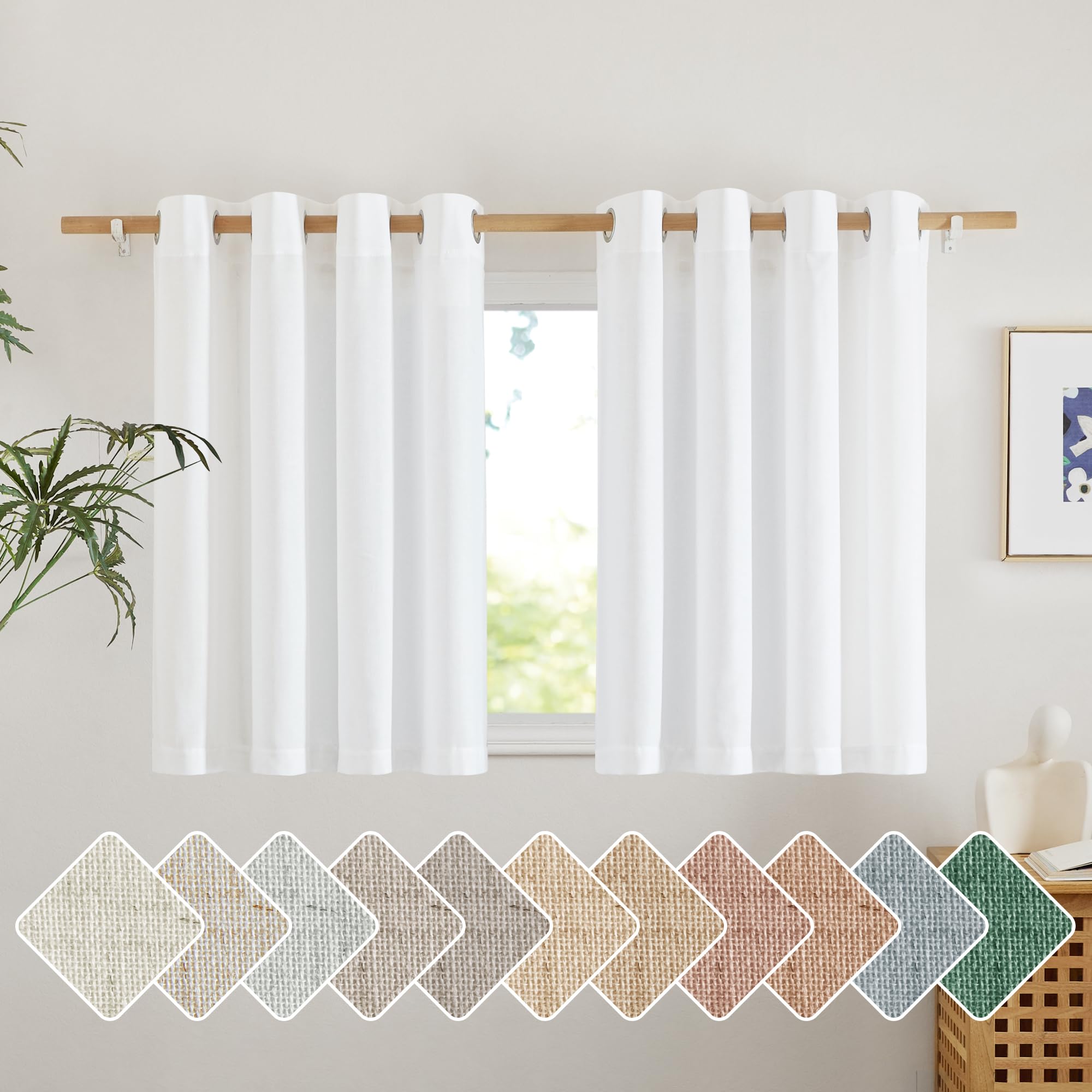 Photo 1 of NICETOWN White Linen Kitchen Curtains 36 inches Long, Grommet Short Curtains Small Window Treatments Thick Flax Linen Weave Privacy Added with Light Filtering for Cafe, W55 x L36, 2 Panels