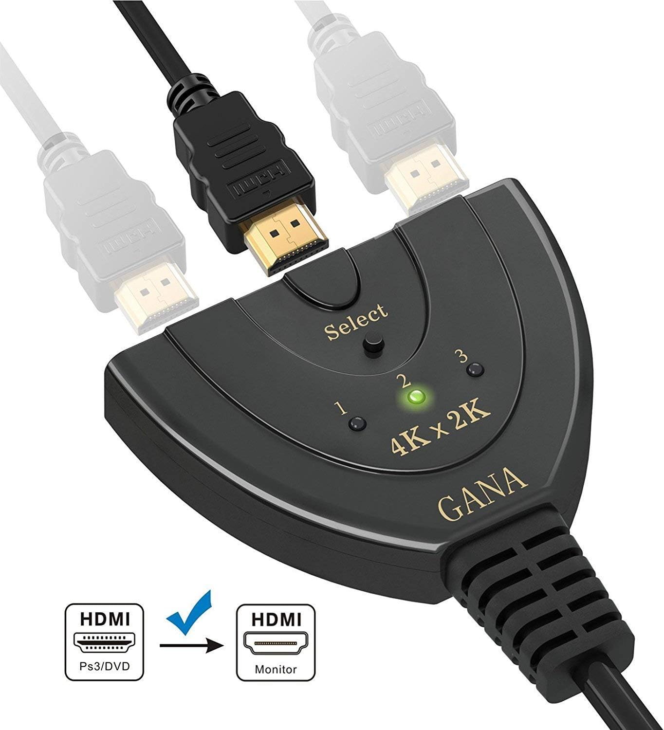 HDMI Switch,GANA 3 Port 4K HDMI Switch 3x1 Switch Splitter with Pigtail Cable Supports Full HD 4K 1080P 3D Player: Electronics