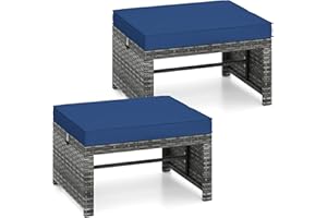 RELAX4LIFE Wicker Outdoor Ottoman Set of 2 - Rattan Footstools Foot Rest w/Removable Cushions, Multipurpose Side Table & Additional Seating, Outdoor Ottomans for Patio Garden Porch (Grey-Navy)