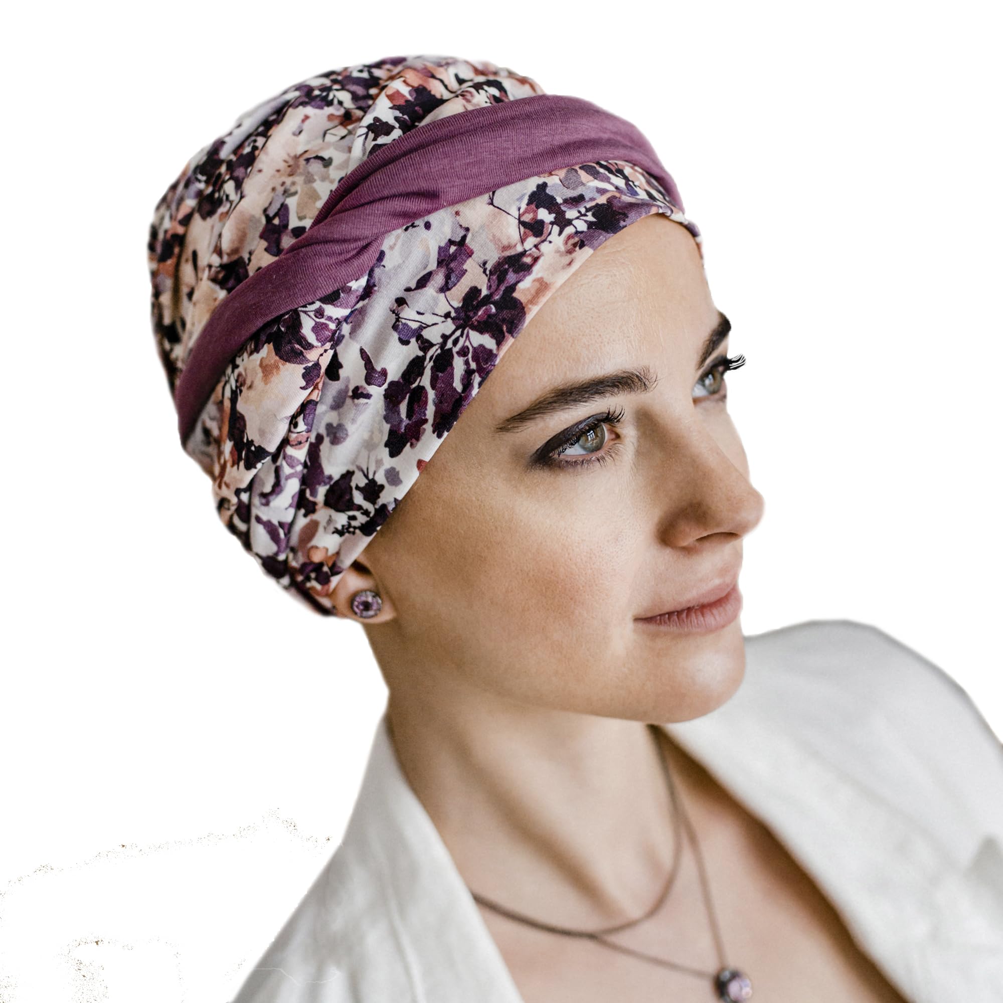 CAREBELL Oncological Turban/Comfort Model Mauve Flowers/Cotton Fabric/Oeko - Tex Certified/Ideal for Hair Loss/Comfortable and Breathable/Preformed/Chemotherapy and Alopecia
