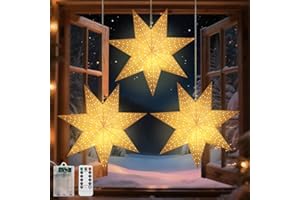 Lewondr Christmas Paper Star Lantern 3 Pack, Hanging 7-Pointed Star Lights with Hollowed Dots, LED Paper Lanterns with 6H Timer for Holiday Home Decoration, with Remote Control, Warm Light