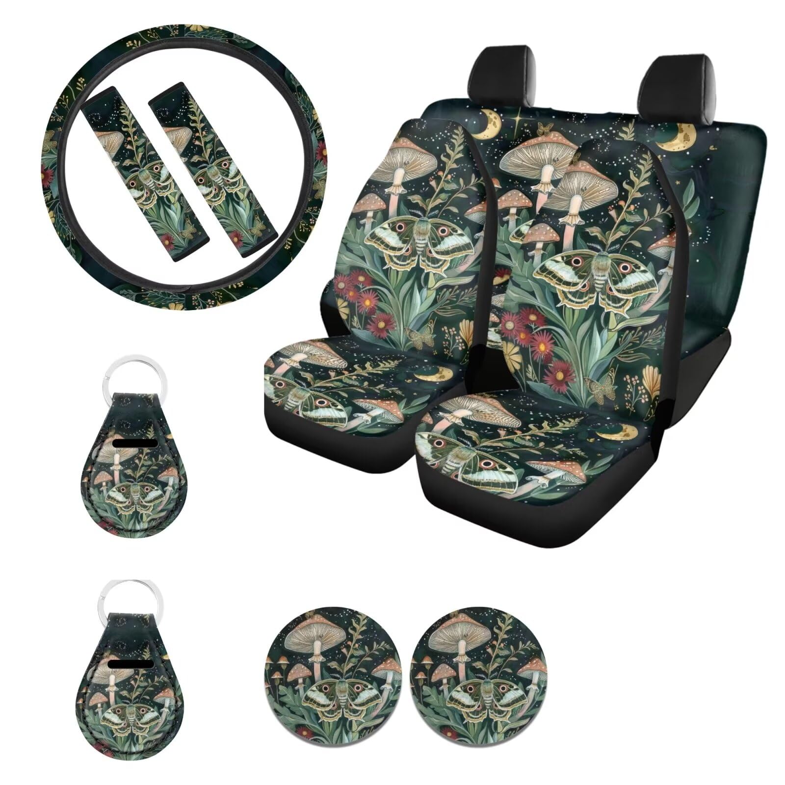 Photo 1 of Ystardream Retro Moth Mushroom Car Seat Covers Full Set for Women Girly Car Seat Covers with Matching Steering Wheel Cover Machine Wash Automatic Interior Set Green