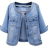 Women Short Denim Jacket Long Sleeve Round Neck Button Down Cropped Jean Jackets