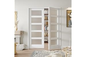 SOLRIG (32" x 2) x 80" French Double Interior Door - 5 Lites Tempered Frosted Glass Pantry Door Panels, Closet & Bathroom Double Door Slab, White Primed, MDF - Panel Need to Assembly