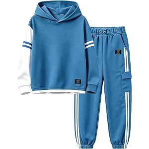 Sislerew Boys Clothes Casual Hooded Sweatsuit 2 Piece Striped Sweatshirt and Jogging Pants with Pockets Outfit for Boys 7-16