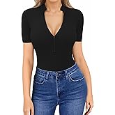 HERLOLLYCHIPS Womens Long Sleeve Tops Short Sleeve V Neck Zip Up Mock Turtle Neck Ribbed Sexy Casual Shirts