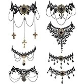 Qoncosy 7 Gothic Lace Chokers for Women, Black Lace Choker Necklace Set, Victorian Steampunk Jewelry with Goth Necklace Design, Perfect for Halloween Wedding Cosplay Accessories