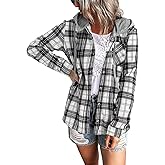 Knemksplanet Women Plaid Hooded Shirt Drawstring Flannel Sweatshirt Hoodie Jacket Casual Button Down Blouse Tops with Pocket