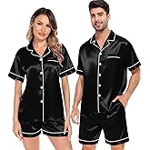 SWOMOG Satin Matching Pajamas Sets Couple Silk Button Down Nightwear Women & Men Short Sleeve Sleepwear 2 Pieces Loungewear