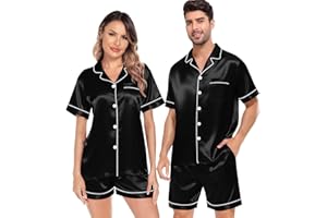 SWOMOG Satin Matching Pajamas Sets Couple Silk Button Down Nightwear Women & Men Short Sleeve Sleepwear 2 Pieces Loungewear