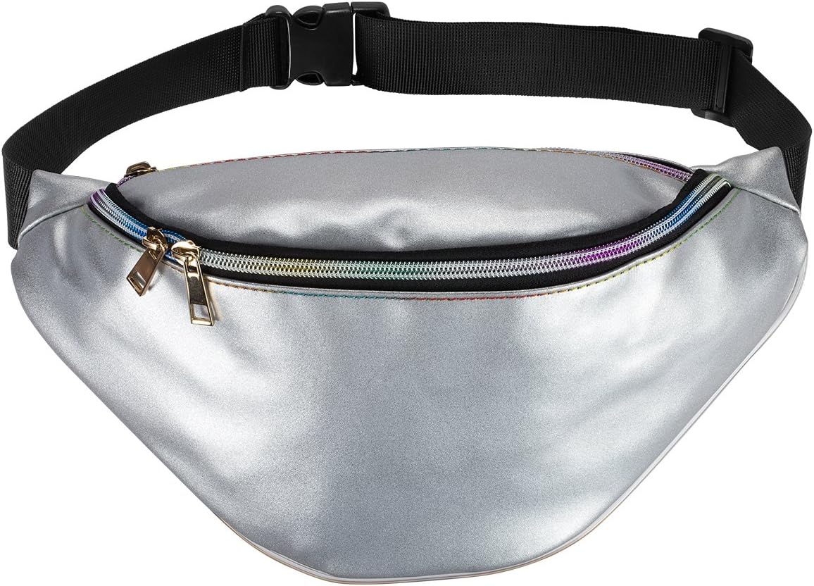 PKQP Bum Bags-PU Waterproof Rave Festival Hologram Travel Fanny Packs (Silver)