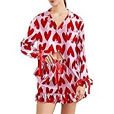 MBZJSDKHLK Women Valentines Day Pajama Sets Heart Print Satin Long Sleeve Button Down Shirt Shorts 2 Piece Set Sleepwear