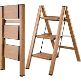 BIBKOKE Step Ladder 3-Step Woodgrain Finish Aluminum,Tripod Ladders | 3 Step Stool Closet Kitchen for Home Adult House Hold Heavy Duty Folding Cute Small Portable Lightweight Sturdy Ladders