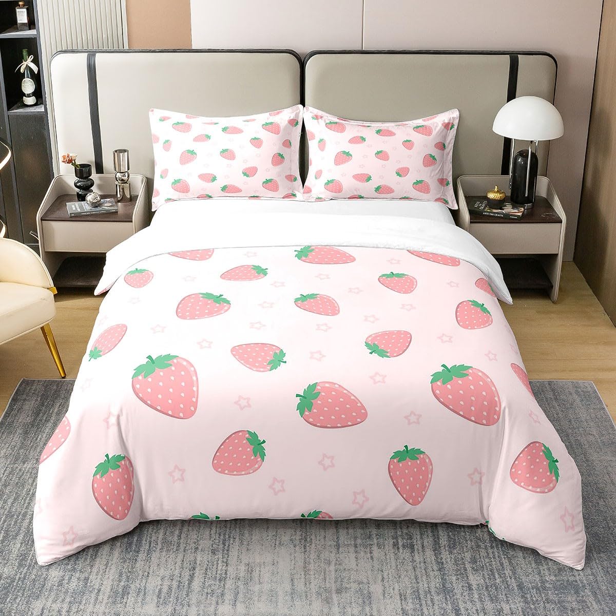 Strawberry Print 100% Cotton Duvet Cover Set King Size Kids Girls Kawaii Pink Strawberry Bedding Set Cute Fruit Comforter Cover for Girl Room Decor Lightweight Bedspread Cover with 2 Pillow Case