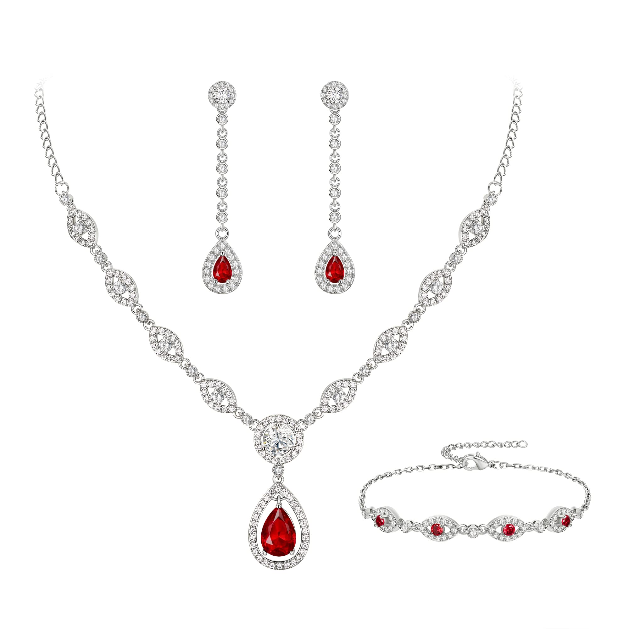 Ever Faith Wedding Cubic Zirconia Jewelry Set Stunning Teardrop July Birthstone Necklace Bracelet Earrings Set for Woman Ruby Red Silver-Tone