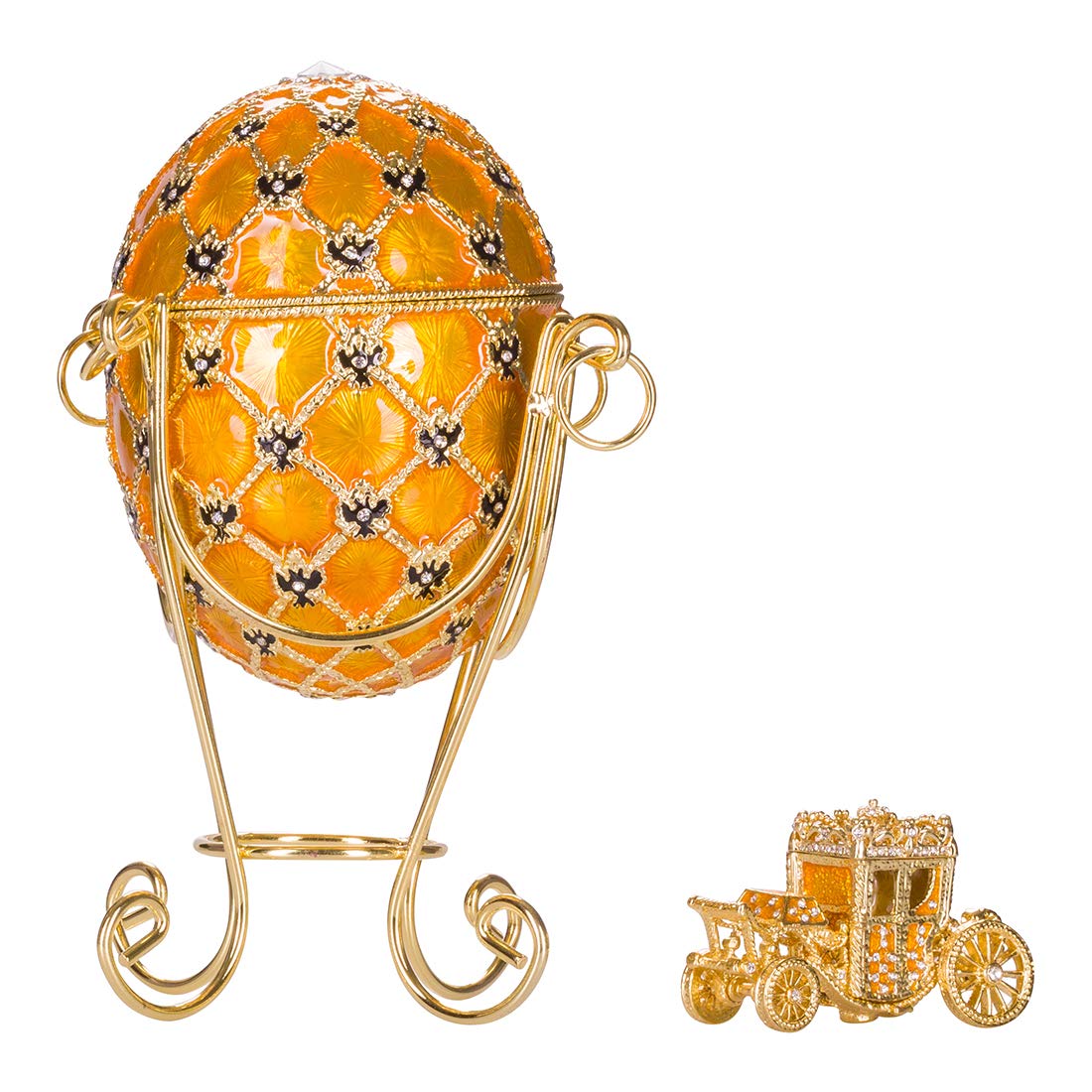 danila-souvenirs Glamorous Style Imperial Coronation Easter Egg Trinket jewel box with carriage 19 cm yellow