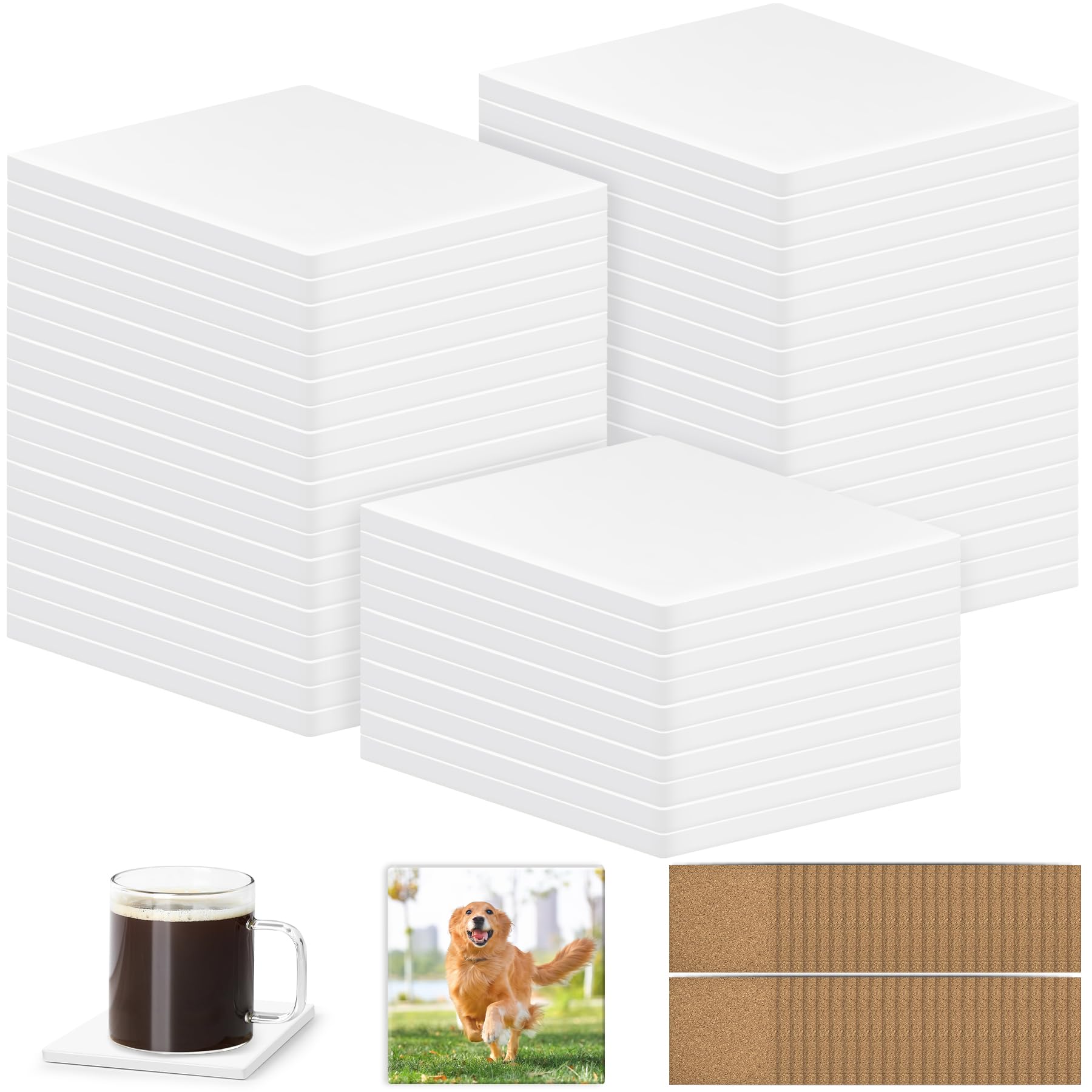 Photo 1 of 48 PCS Sublimation Coasters Blanks Ceramic Tiles Bulk 4x4 White Unglazed Glazed Ceramic Tiles for Crafts with 48 Cork Sticker Back, Square Coasters Sublimation for Heat Transfer DIY Painting