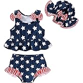 Happy Town Toddler Swimsuit Baby Girl Bathing Suit Sleeveless Bow Floral Bikini Top Ruffle Shorts with Hat Beach Swim Wear
