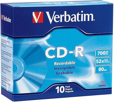 Verbatim CD-R Recordable Disc 700MB 80Min 52x Silver Slim Jewel Case 10 Pack