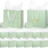 Geyoga 15 Set Green Gift Bags with Tissue Paper and Greeting Card 12'' Thank You Present Party Favor Large Sage Green Gift Bags with Handles for Employee Birthday Wedding Mothers Day Anniversary