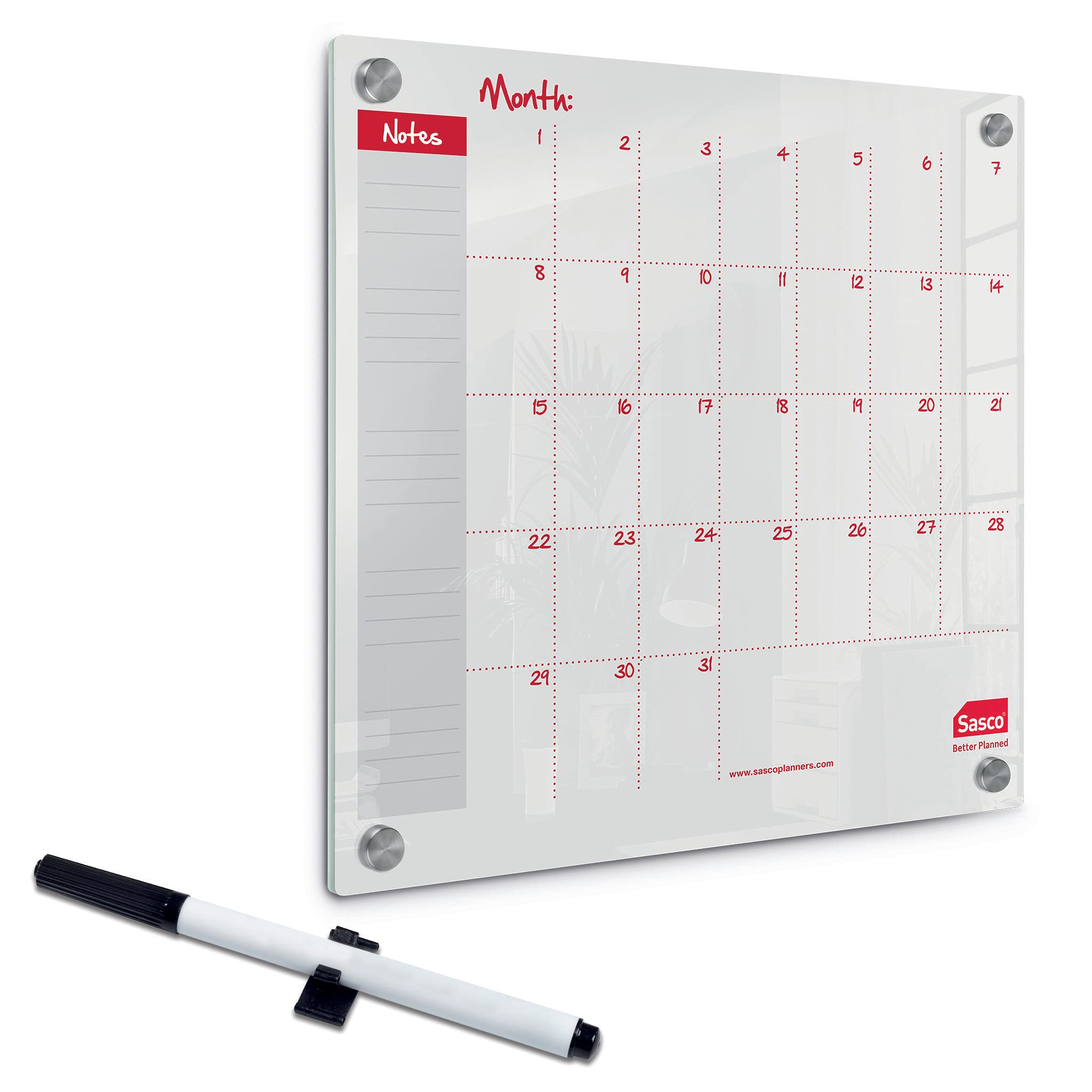 Sasco Semi Transparent Acrylic Mini Whiteboard Monthly Planner, Wall Mounted, Frameless, Dry Erase, 450 x 450, Includes Whiteboard Pen, 2410188