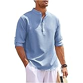 GORGLITTER Men's Striped Half Button Shirt Roll Up Long Sleeve Mock Neck Vacation Tops