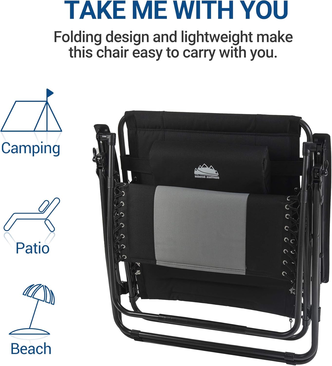 Coastrail Outdoor Zero Gravity Wood Armrest XXL Camping Lounge Patio Support 400lbs Padded Reclining Folding Lawn Chair with Side Table, Black/Gray: Garden & Outdoor