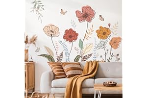 wondever Boho Flower Wall Stickers Wildflower Floral Grass Peel and Stick Wall Art Decals for Living Room Bedroom TV Wall