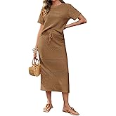 Tankaneo Womens Crochet Cover Up 2 Piece Skirt Sets Short Sleeve Knit Top Midi Skirt Vacation Travel Outfits
